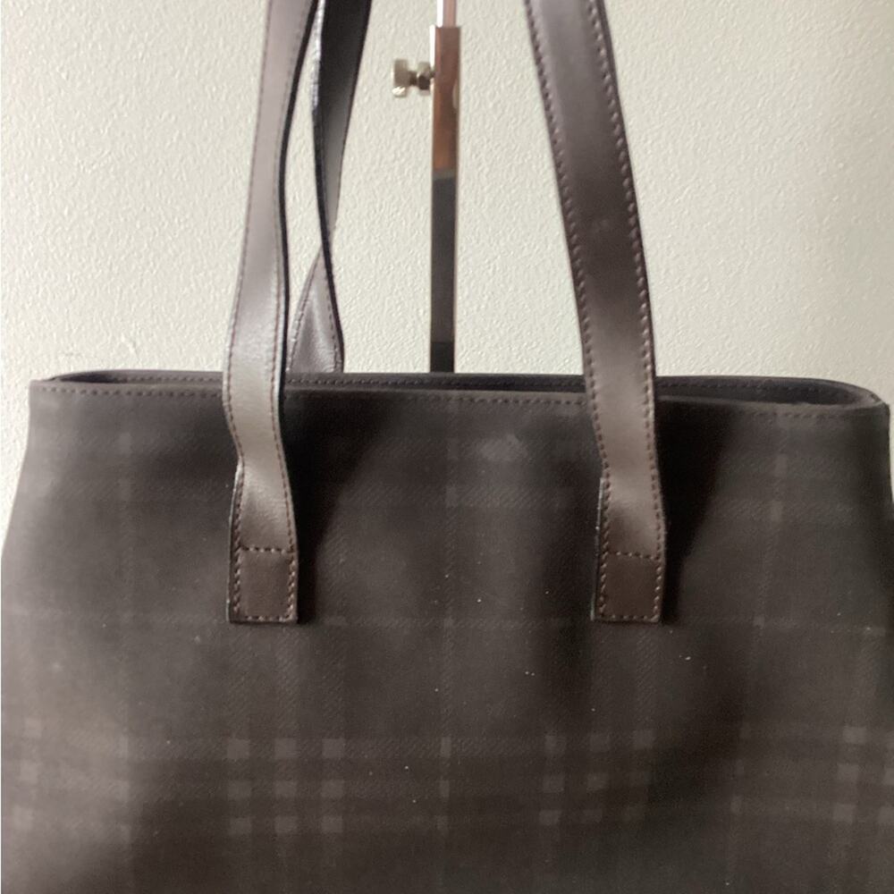 Burberry Dark Brown Check—Nylon Leather Strap Tote Bag Designer Purse - Picture 5 of 8